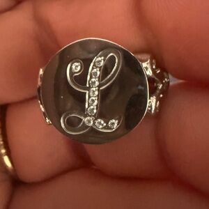 Stainless steel Initial 'L' Crystal Disk Ring - Silver